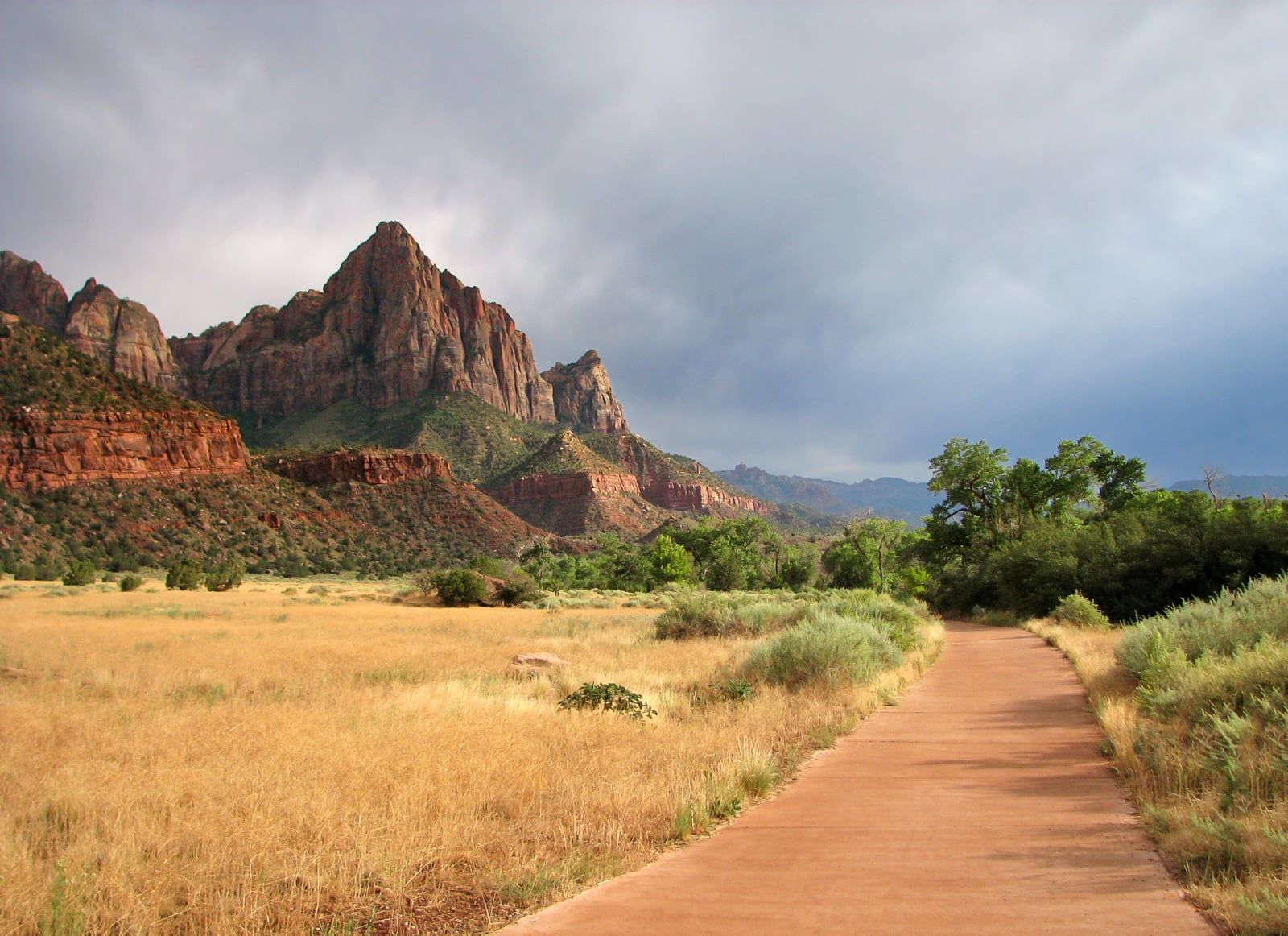 The Watchman Trail Under Stormy Skies, Zion The Watchman peak rises over a paved trail and golden meadow under stormy skies in Zion National Park.