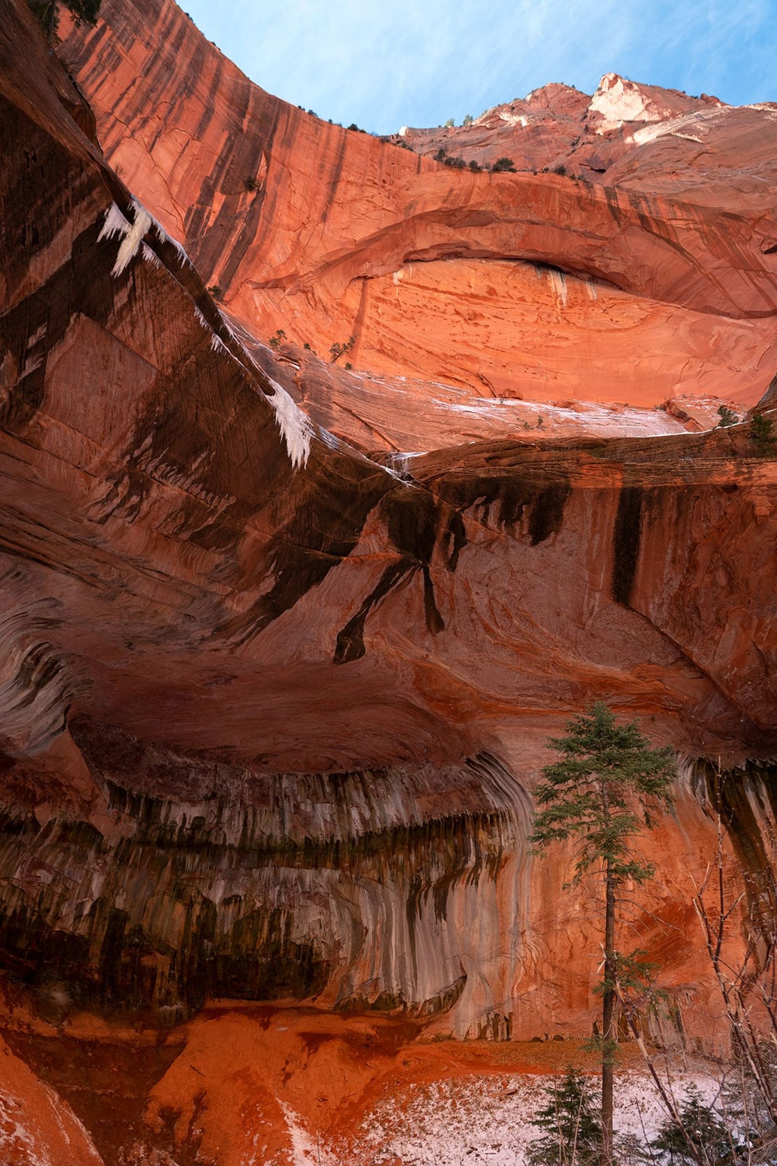 Red Canyon Walls with Ice and Natural Arch, Zion Towering red sandstone canyon walls with winter ice formations and a natural arch at Zion National Park.