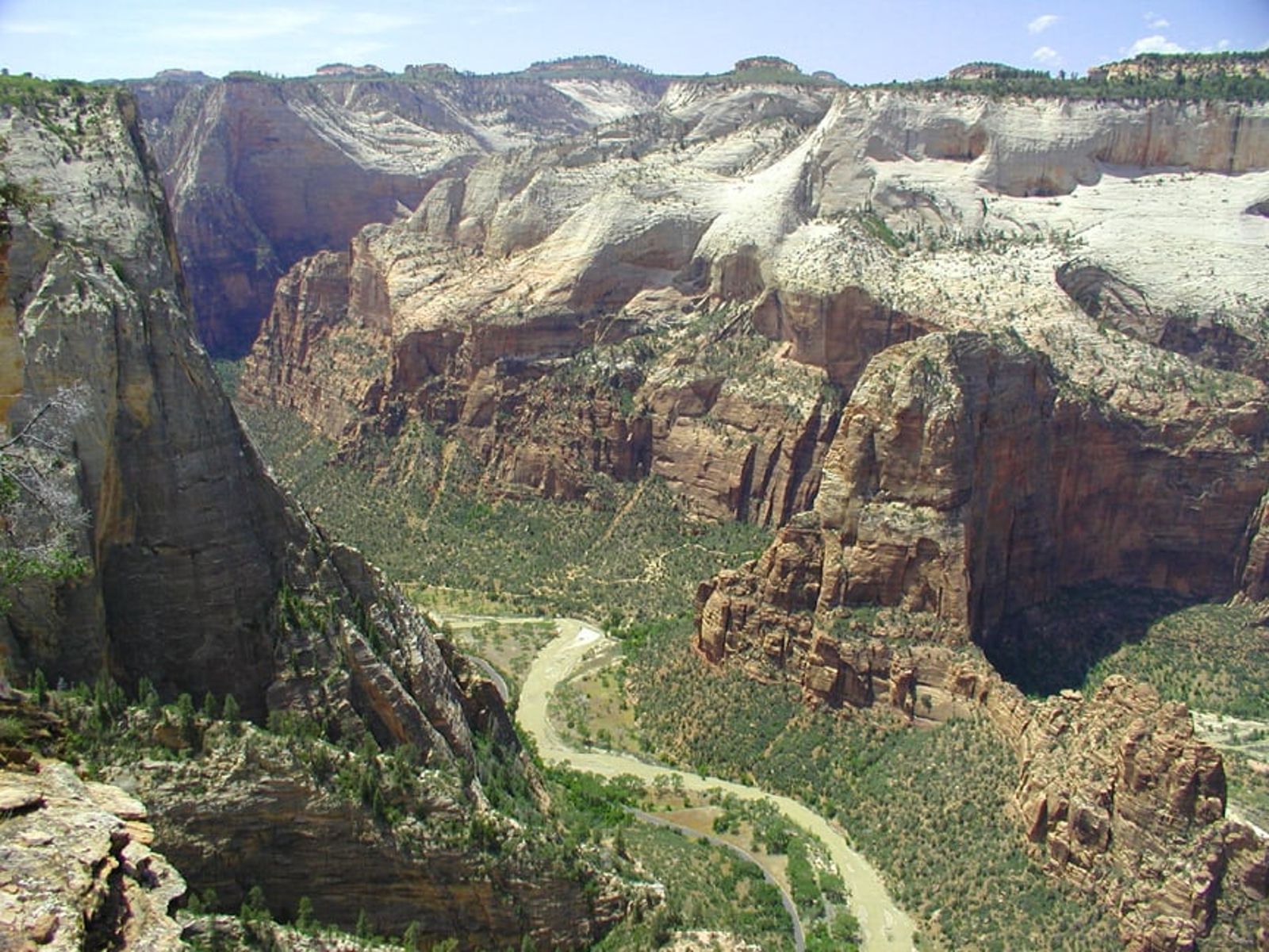 Zion Canyon View from Angels Landing Summit Sweeping aerial view of Zion Canyon from Angels Landing summit, showing the winding Virgin River below.