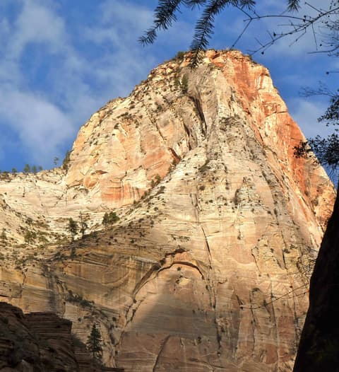 Dramatic upward view of Angels Landing's massive sandstone monolith rising above Zion Canyon against a blue sky.