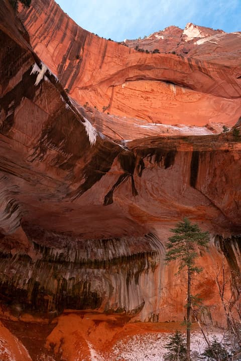 Towering red sandstone canyon walls with winter ice formations and a natural arch at Zion National Park.