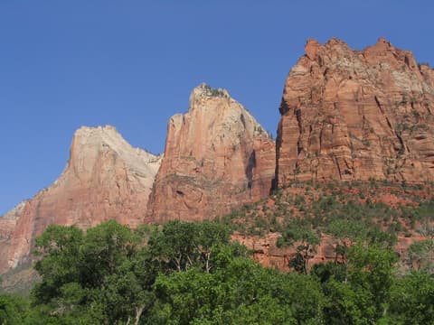 The three towering sandstone peaks of the Court of the Patriarchs rise above green trees in Zion Canyon, Utah.