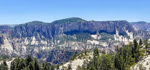 Sweeping panoramic view of Greatheart Mesa from Wildcat Canyon Trail in Zion National Park, Utah.