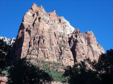 Towering red sandstone peaks of the Court of the Patriarchs rise above green trees in Zion Canyon.