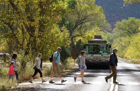 A family crosses a road in Zion National Park as the park shuttle bus waits nearby in autumn.