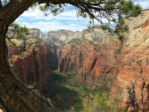 A stunning view of red rock formations and deep canyons from Angels Landing in Zion National Park, Utah.