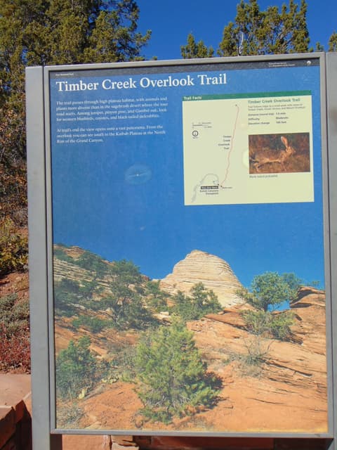 National Park Service interpretive sign for Timber Creek Overlook Trail in Kolob Canyon, Zion National Park.