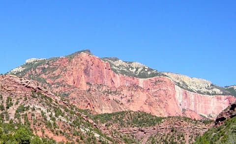 Massive red sandstone cliffs and pine-covered slopes of Horse Ranch Mountain in Kolob Canyon, Zion National Park.