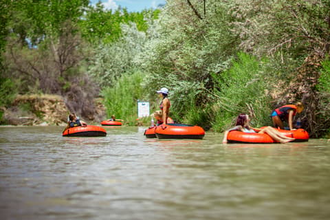 Families enjoying zion tubing adventure on Virgin River with orange tubes surrounded by lush green vegetation near Zion National Park